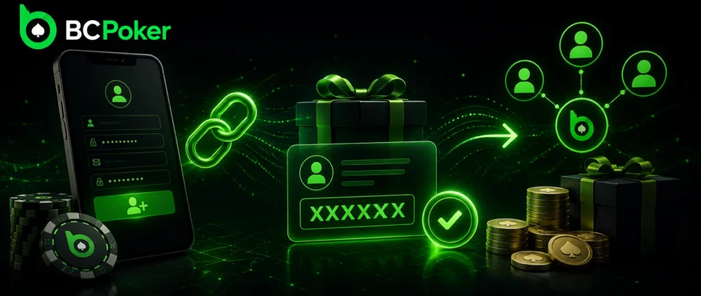 BC Poker referral program banner with invite rewards and promo code sharing