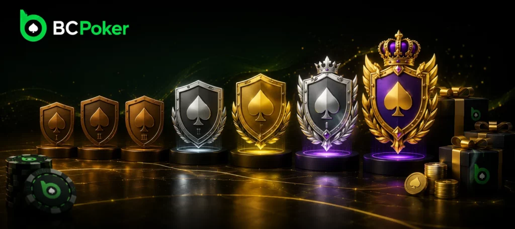 BC Poker VIP rakeback tiers with bronze, silver, gold and royal rewards